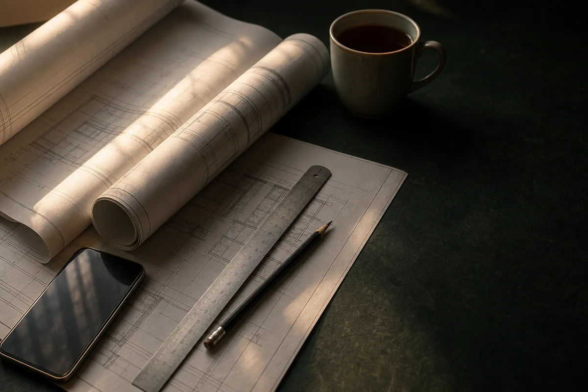 Architectural close-up of a blueprint, a phone and a ruler on a dark desk, planning the best ai receptionist setup
