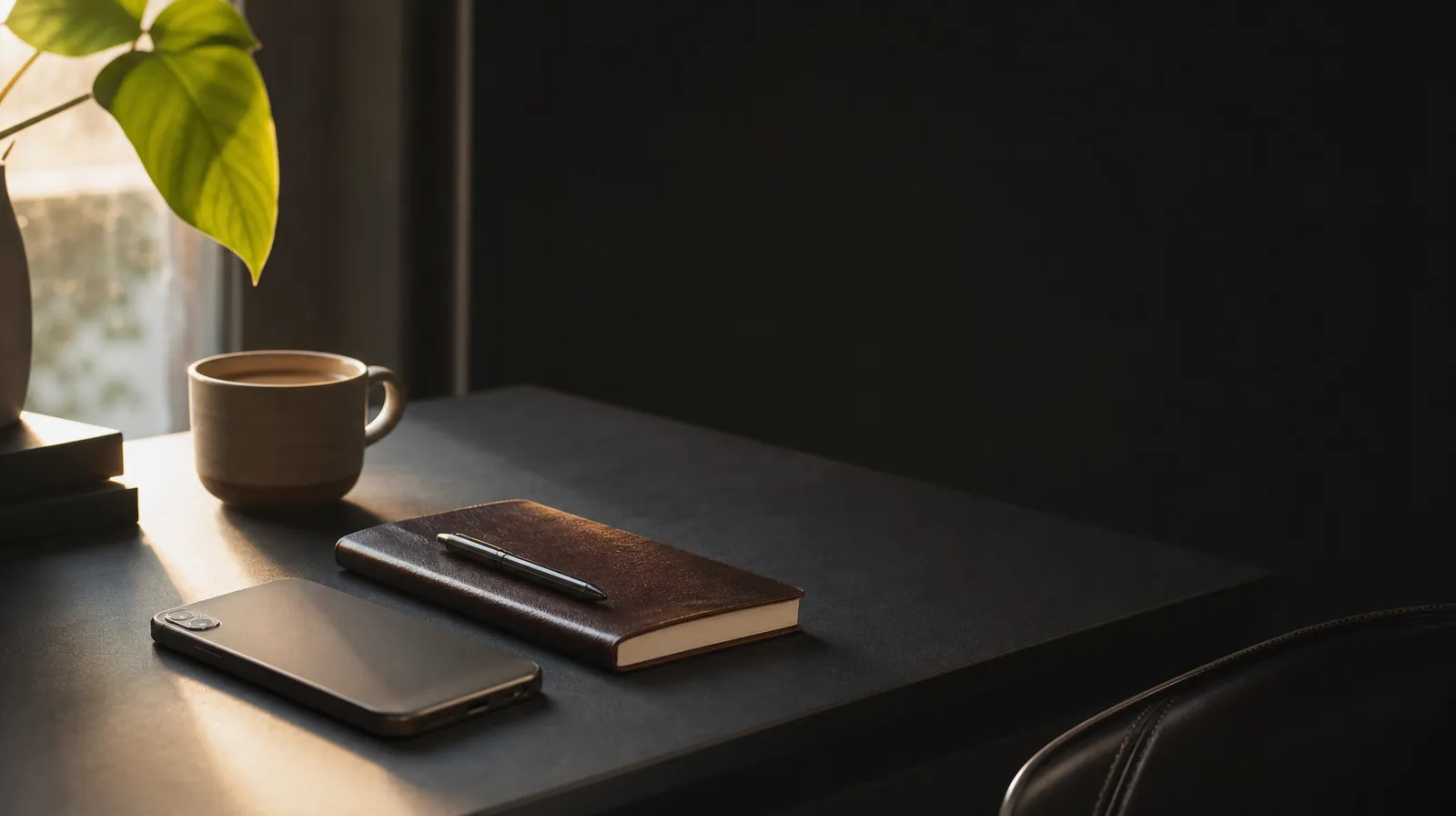 Calm clinic owner's desk at golden hour with a phone, notebook and coffee, the quieter side of business automation