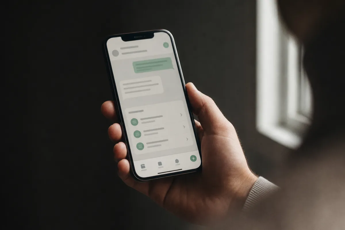 Hand holding a phone showing a clinic messaging app, the first response layer of clinic automation
