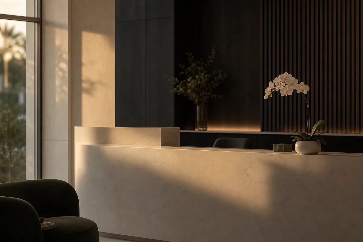 Empty modern aesthetic clinic reception at golden hour with a clean counter and soft window light