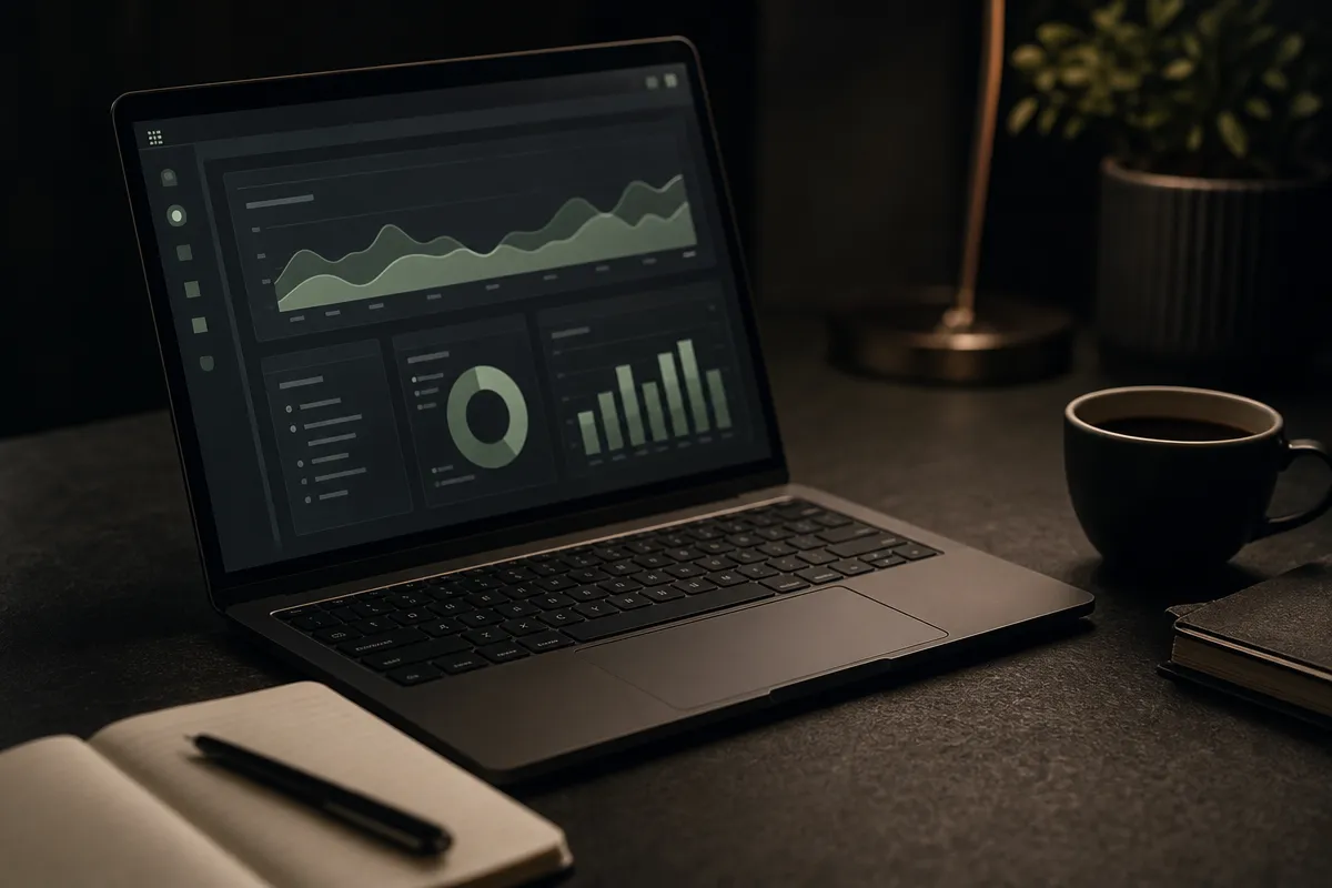 Moody desk with a laptop showing an abstract dashboard, a notebook and coffee, tracking clinic follow-up