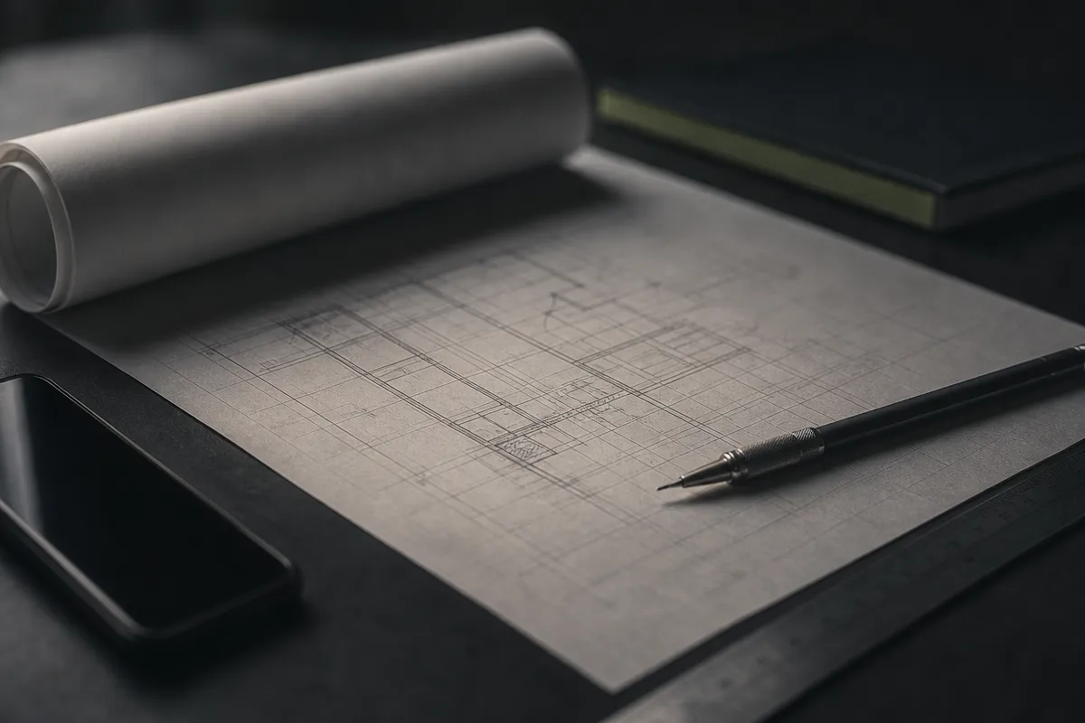 Dark desk with rolled blueprints, a ruler and a phone, the owner as architect of clinic systems