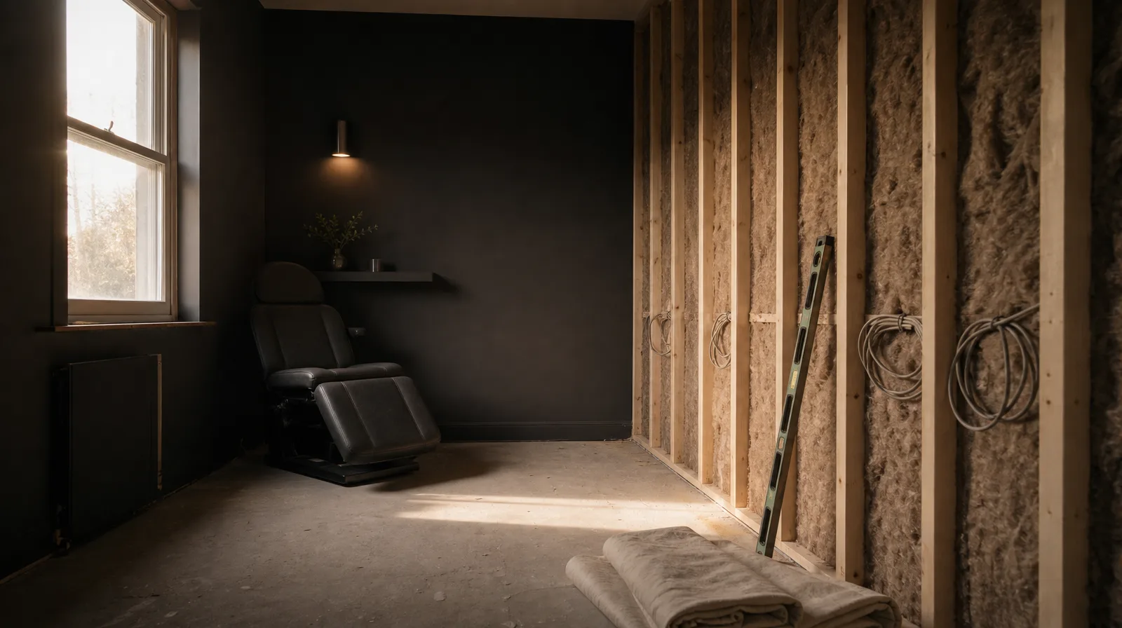 Aesthetic clinic treatment room mid-refurbishment, bare stud wall and dust sheets lit by soft golden light