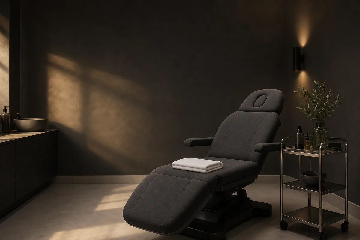 Empty aesthetic clinic treatment room with a couch, trolley and soft directional light against a dark wall