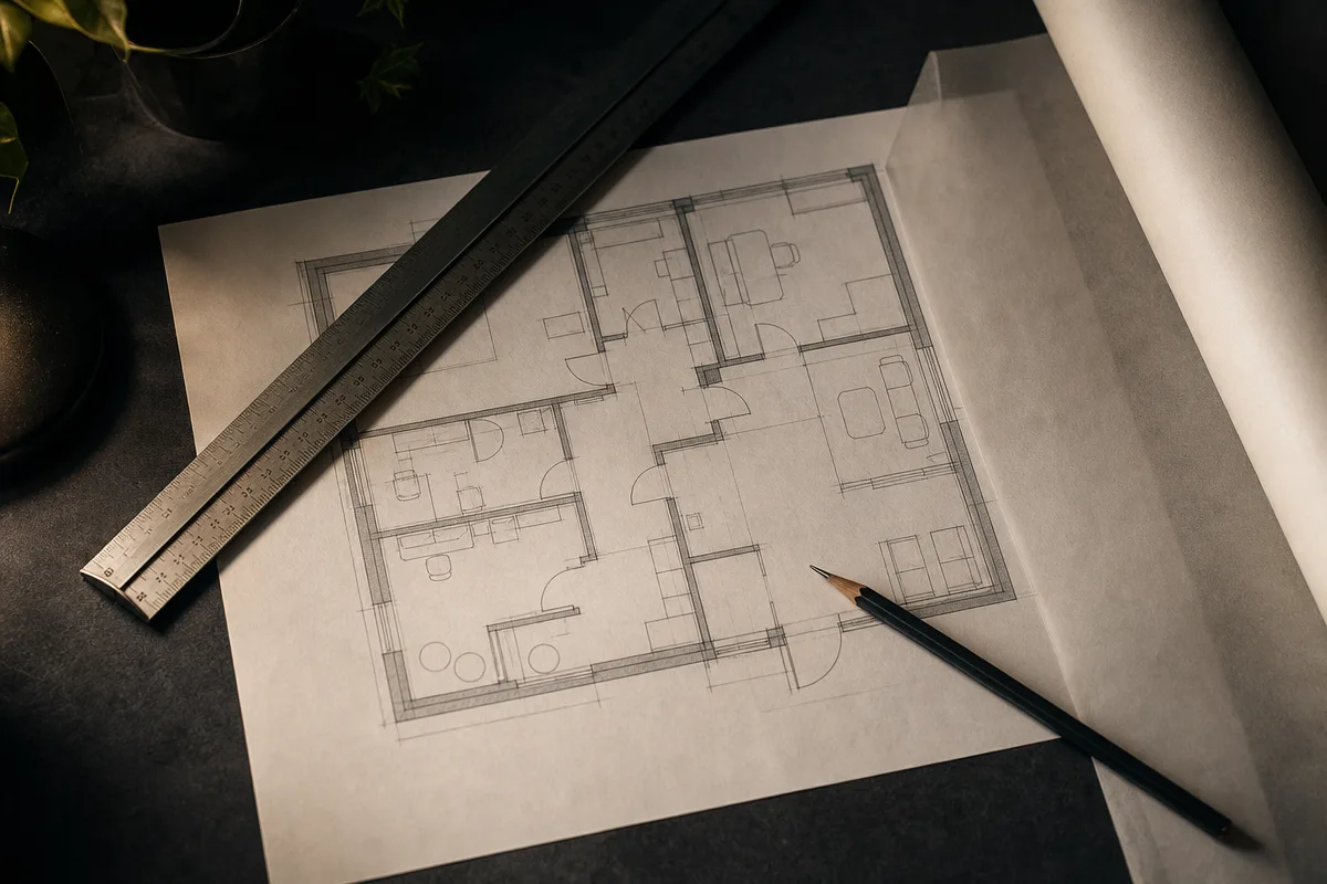 Architectural fit-out drawings and a scale rule on a dark desk, with a pen resting on a floor plan