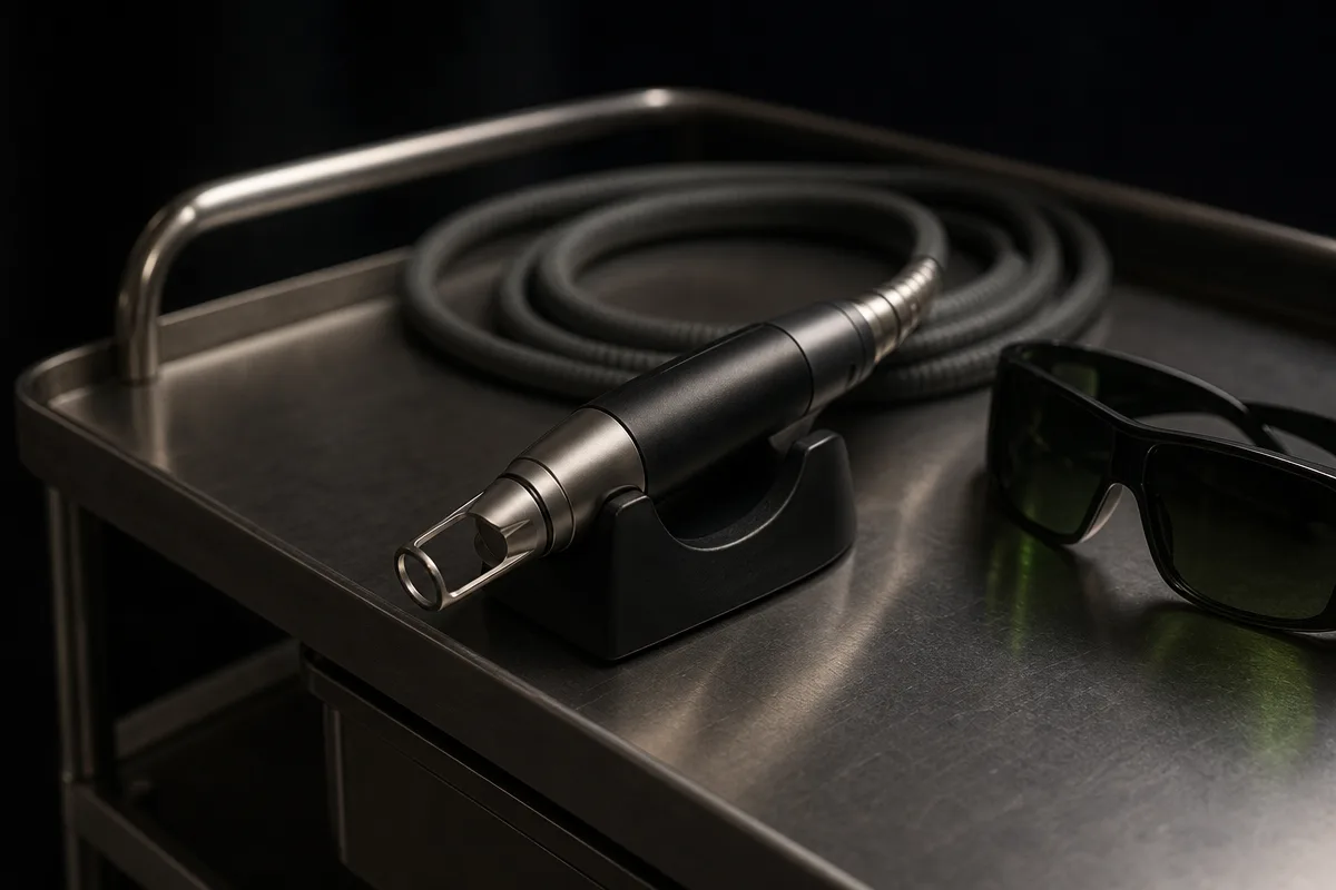Aesthetic clinic laser handpiece resting on a treatment trolley, lit softly against a dark background