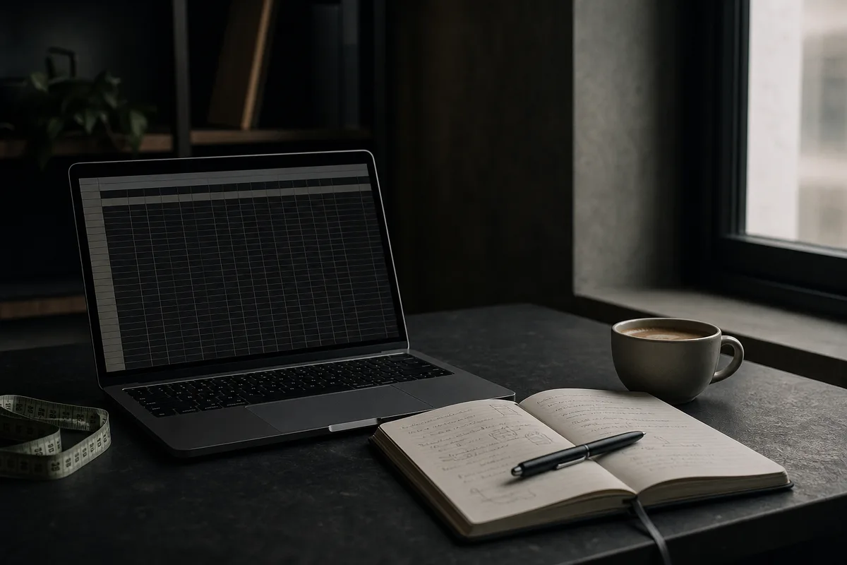 Laptop, notebook and coffee on a dark desk with fit-out costings open, lit by soft window light