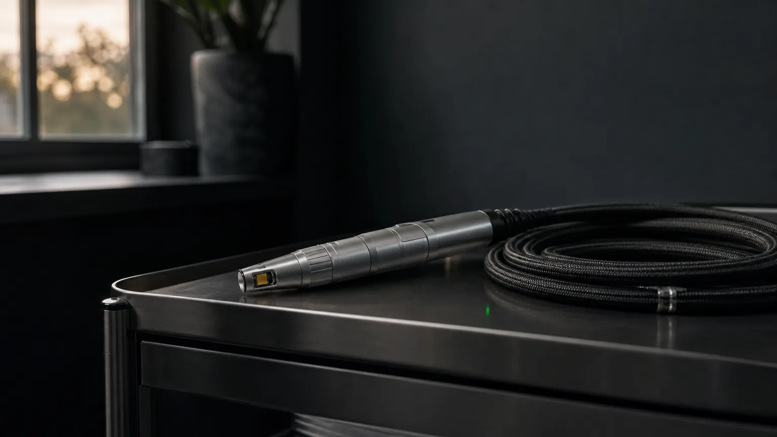 Aesthetic equipment handpiece and coiled fibre optic cable resting on a dark clinic trolley in low evening light