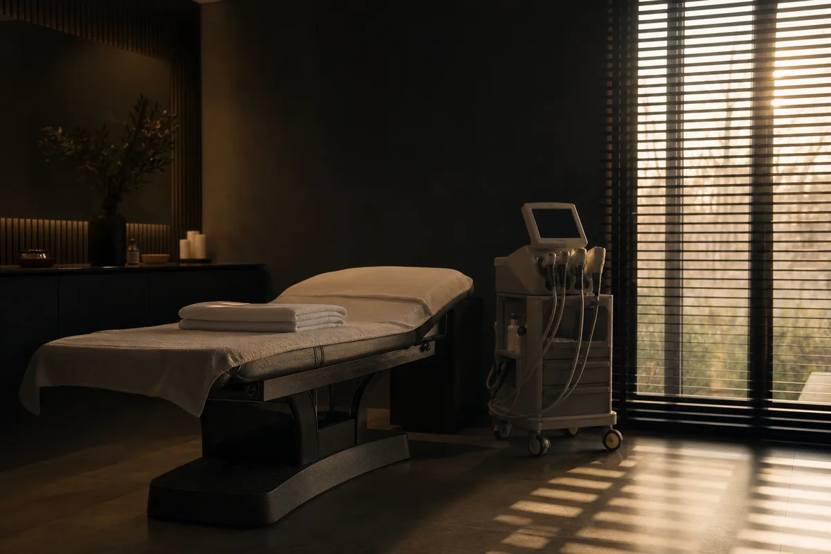 Empty treatment room at golden hour with an aesthetic laser trolley beside the couch and no people present