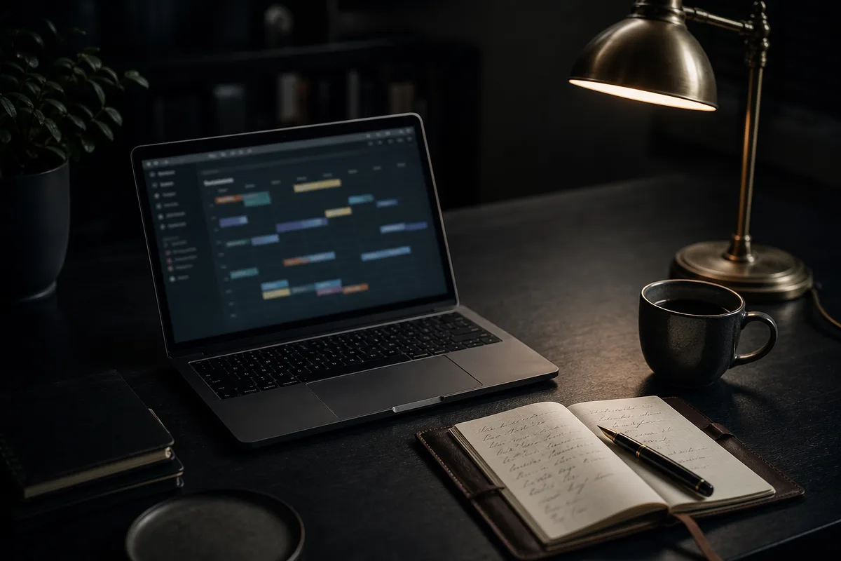 Dark desk scene with a laptop showing an abstract maintenance schedule, an open notebook and a pen