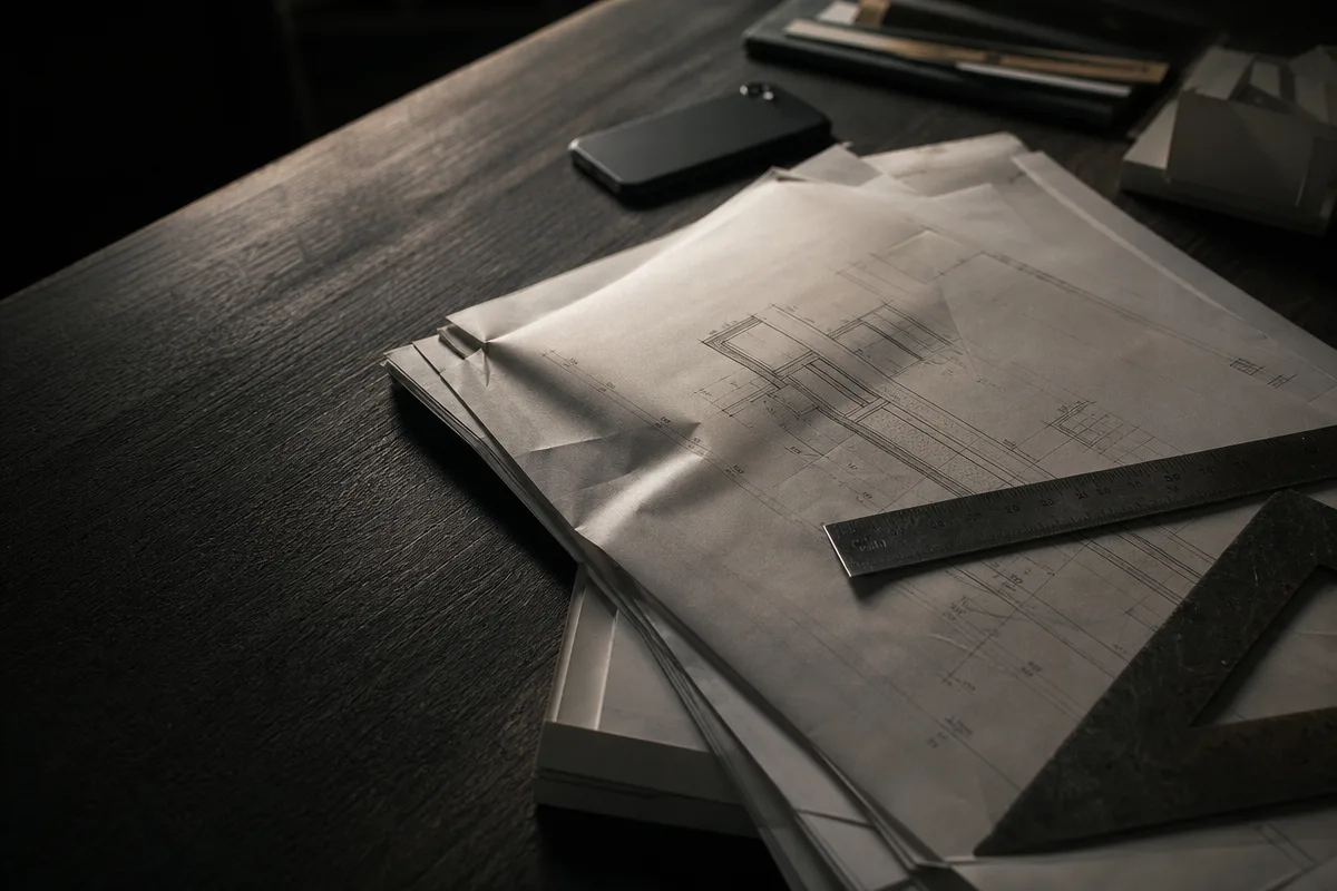 Architectural desk close-up with folded plans, a scale rule and a phone, lit from one side