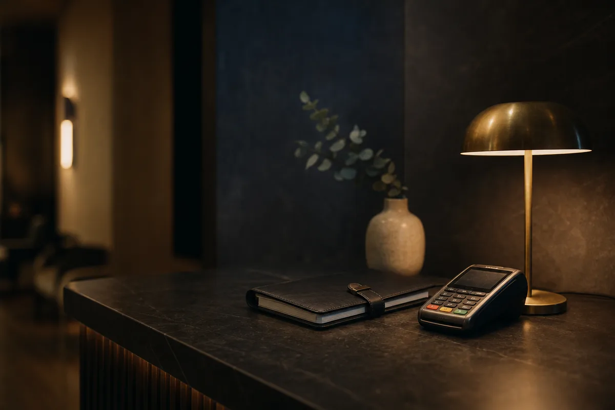 Detail of a clinic reception counter at dusk with a card machine, a diary and a single lamp