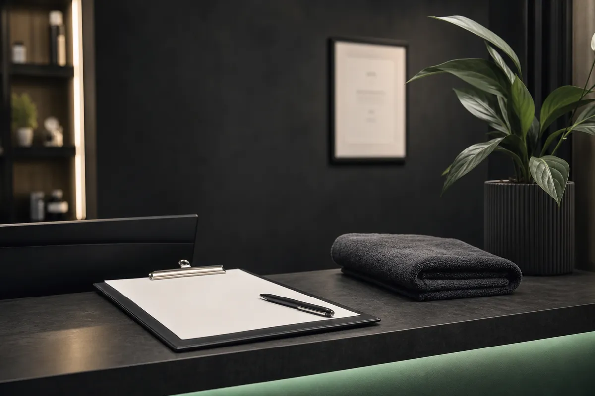 Clinic reception counter with a clipboard and a framed document softly out of focus on a dark wall