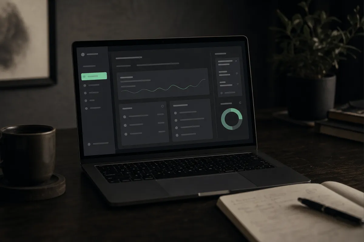 Moody dark desk with a laptop showing an abstract dashboard, a notebook and a coffee, soft green accent on screen