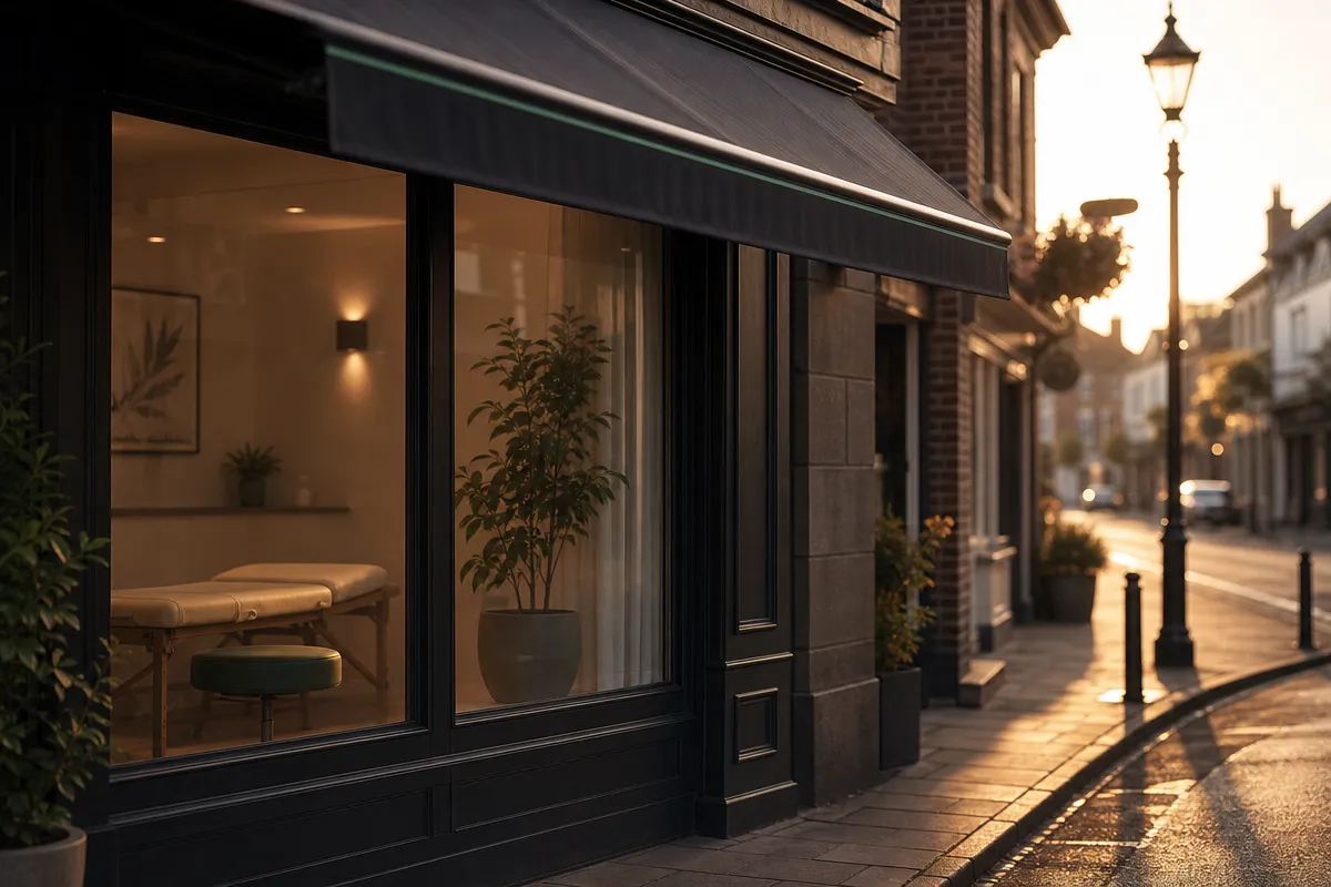 Exterior of a small independent UK high-street clinic at golden hour, awning and shopfront window, no people