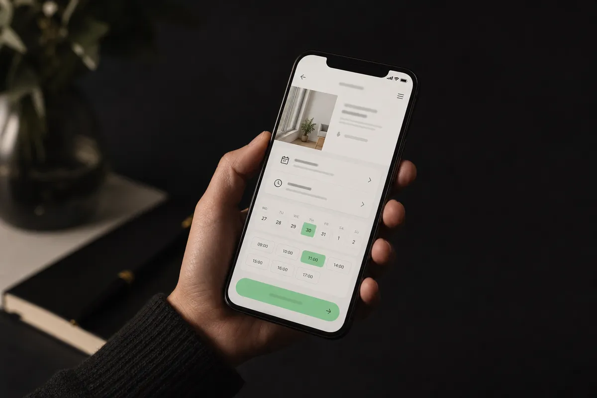 A hand holding a smartphone showing a simple clinic booking app interface with a soft green button, dark background