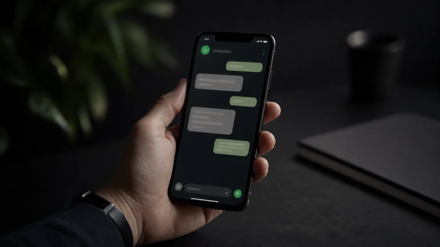 A hand holding a phone showing a clinic enquiry conversation, calm dark desk, what is a drip campaign in practice