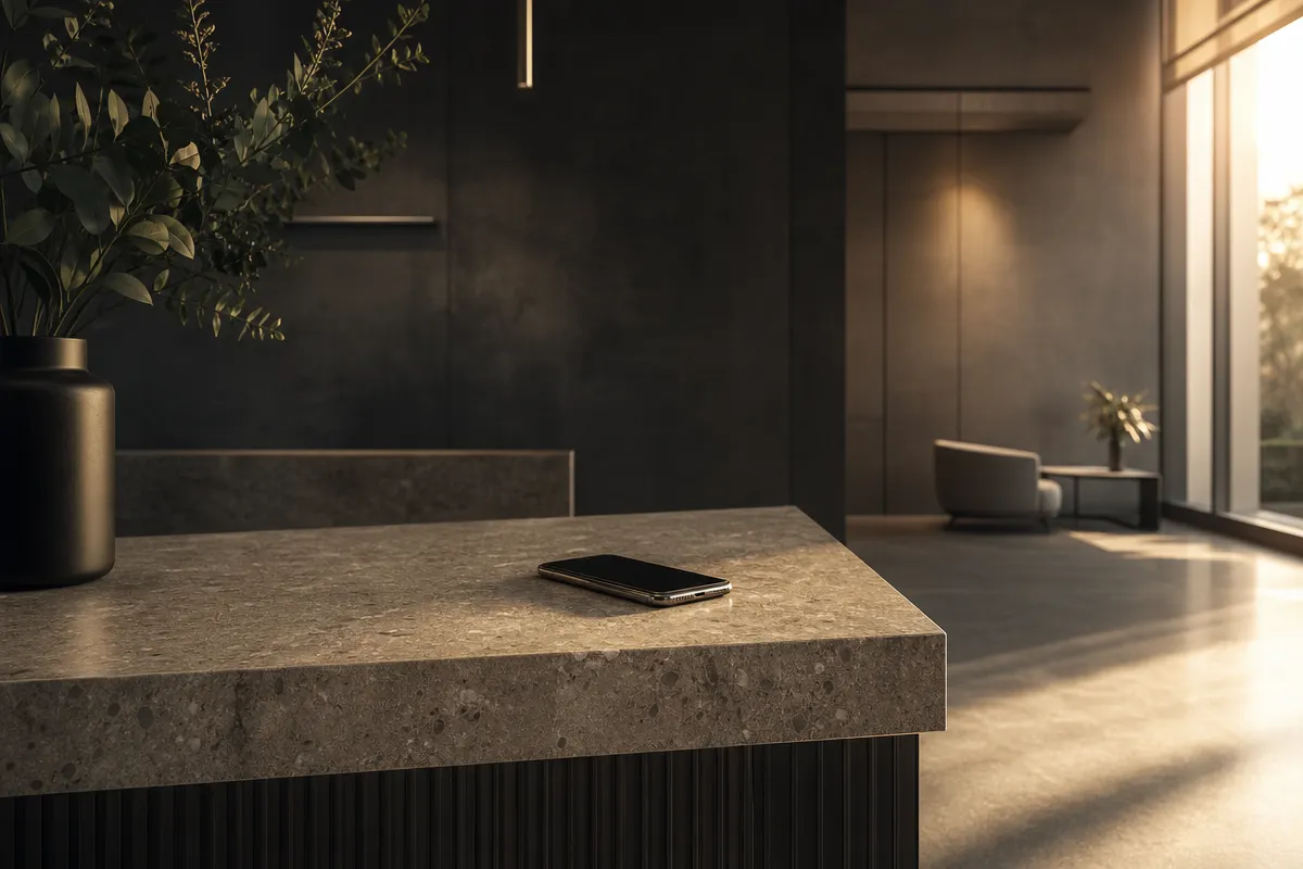 Empty clinic reception desk at golden hour with a phone resting on the counter, no people