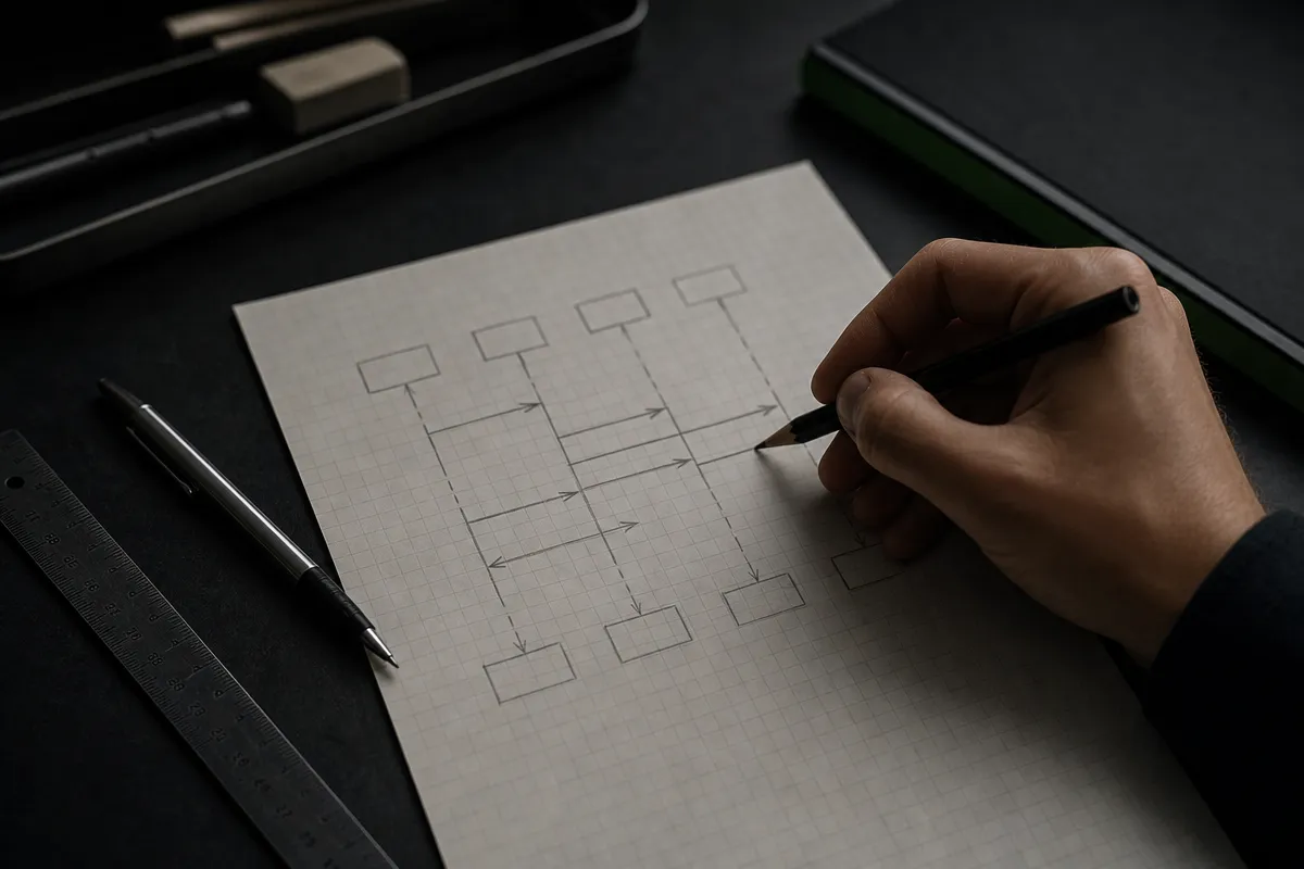 Architectural close-up of grid paper with a hand sketching a simple message-sequence diagram, dark moody desk