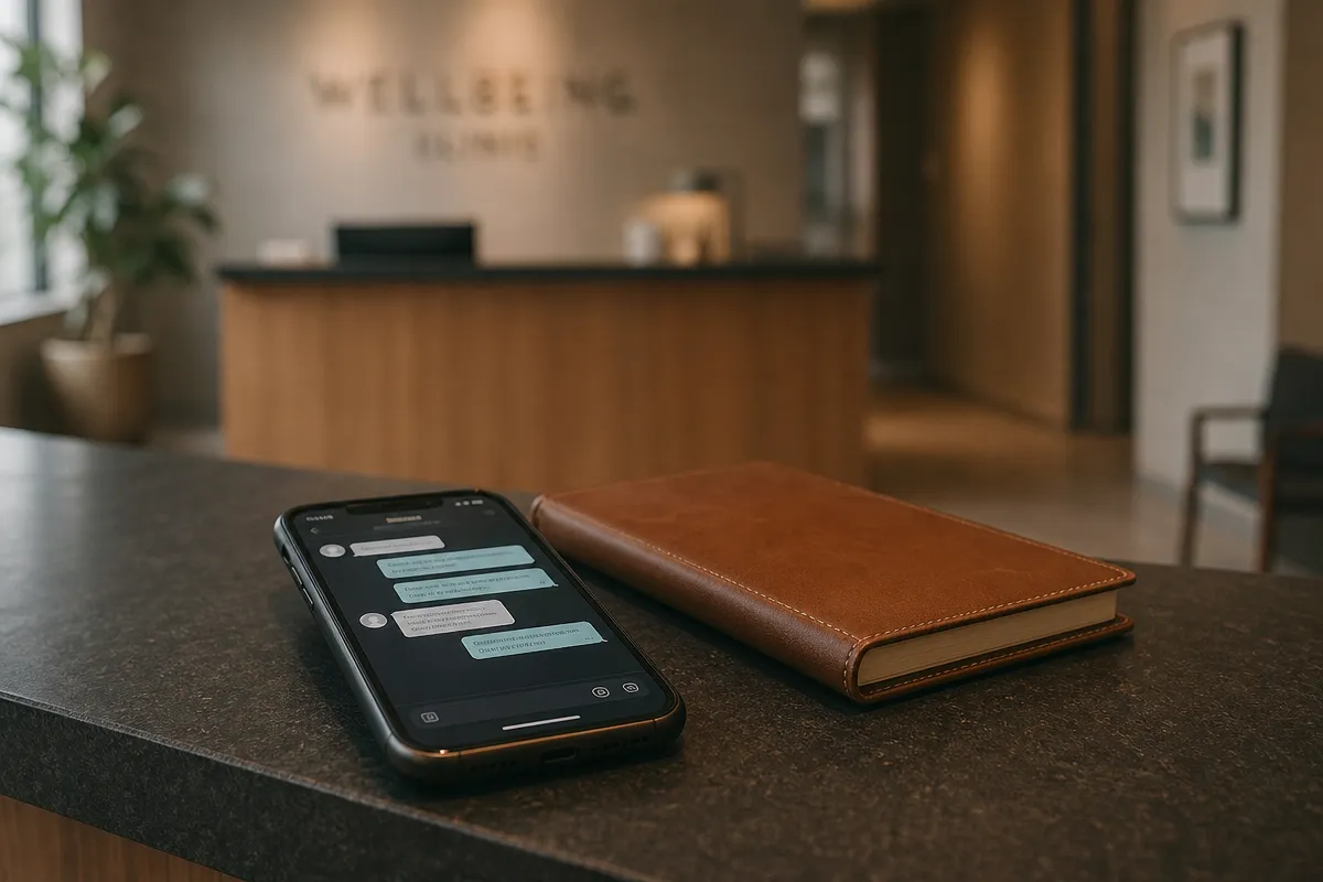 A phone resting on a clinic counter beside a notebook, a message thread open, soft window light