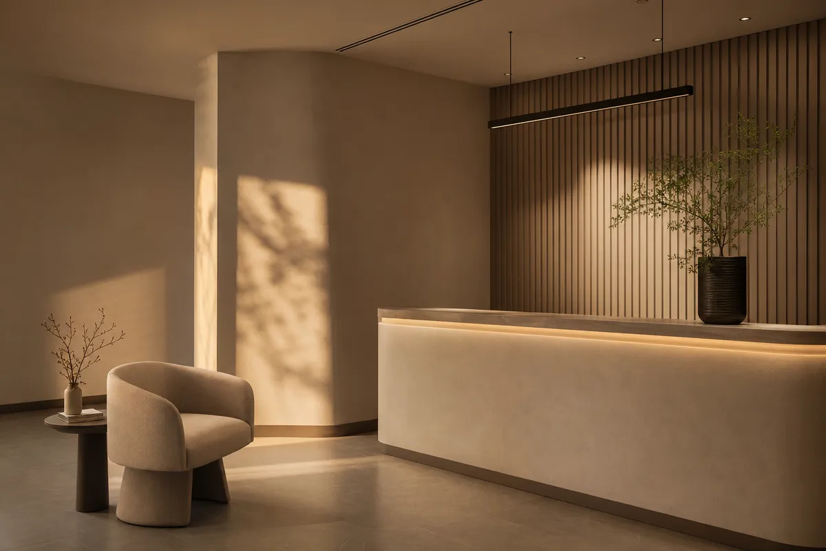 A calm empty clinic reception counter at golden hour, one chair, no people, warm light