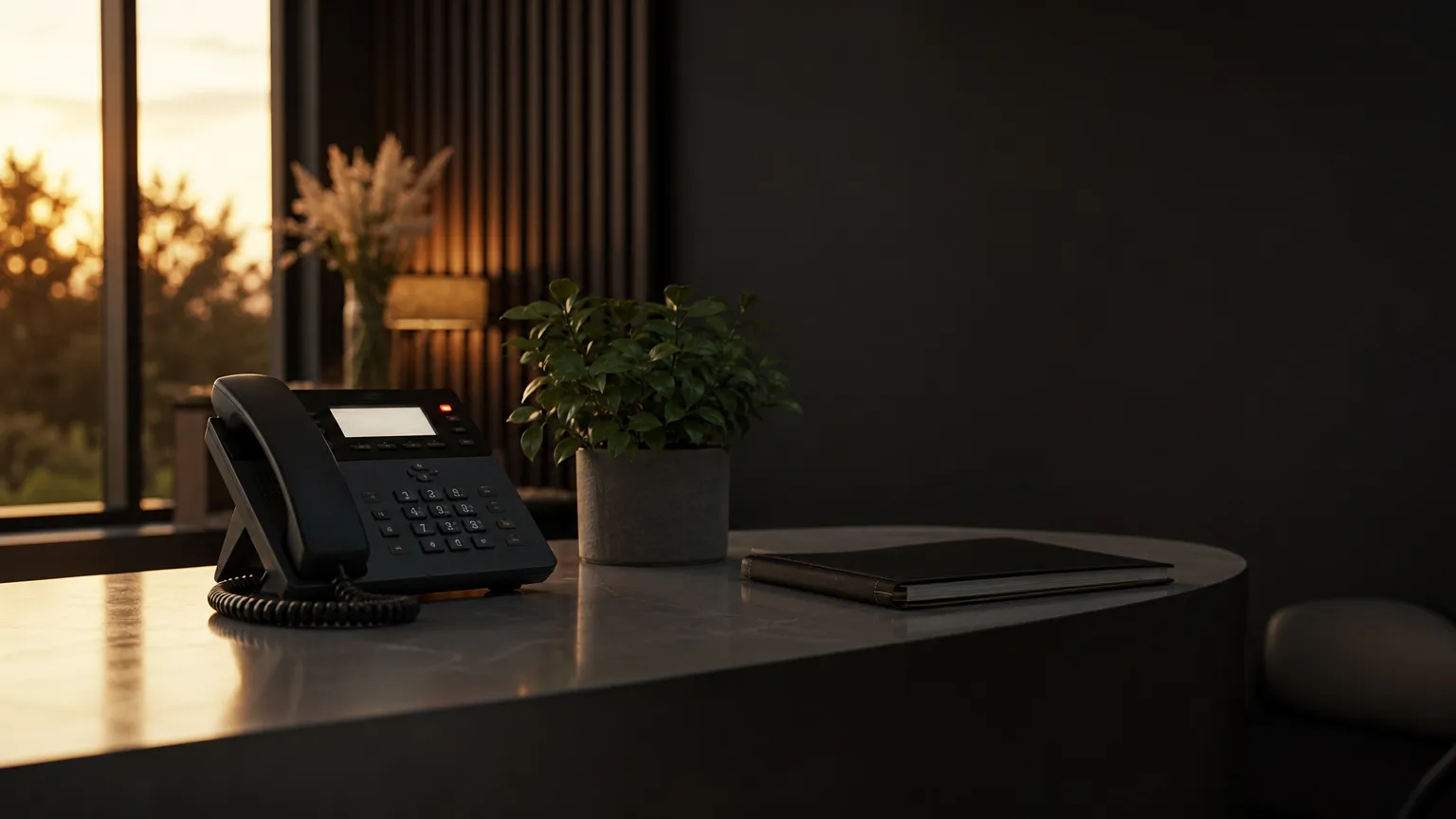 Quiet aesthetic clinic reception desk at dusk with a ringing phone, the moment a free AI receptionist would answer