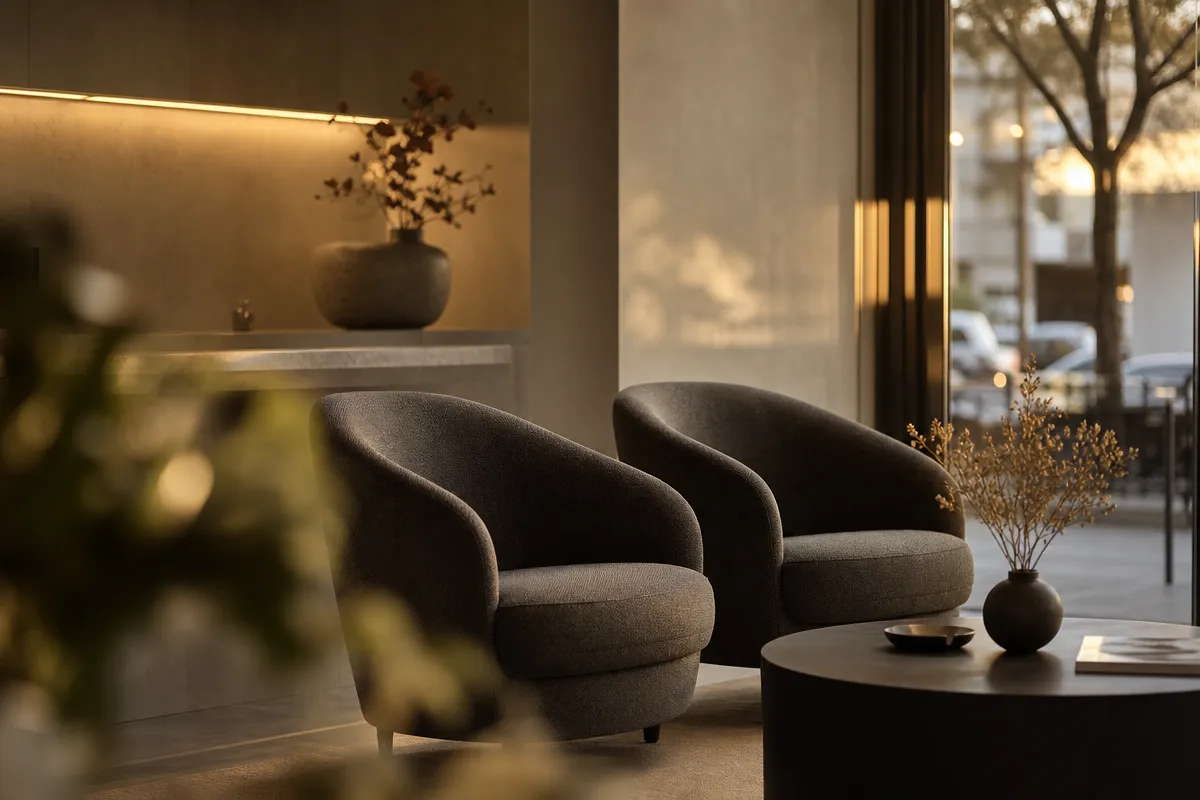 Empty aesthetic clinic reception in warm evening light, a calm waiting area where an after-hours enquiry would land