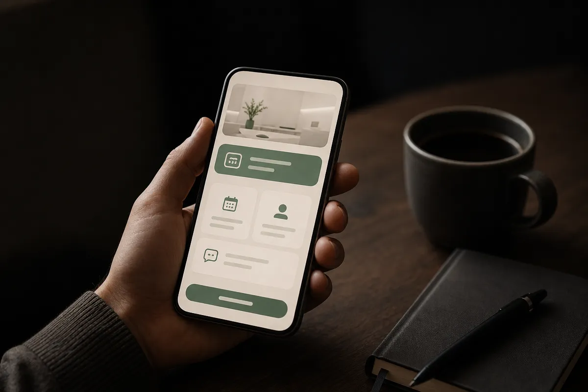 A hand holding a phone showing a calm clinic enquiry app on a dark desk beside a notebook