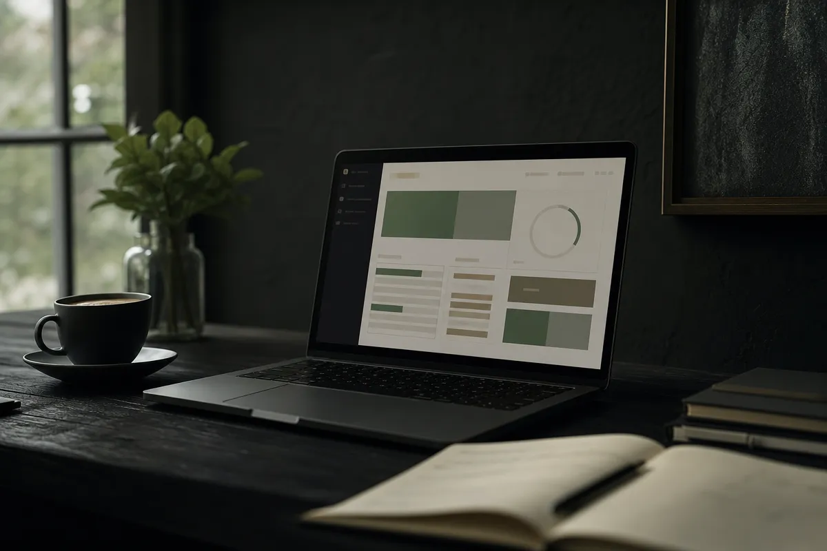 A moody desk with a laptop showing an abstract clinic dashboard, a notebook and pen in the foreground