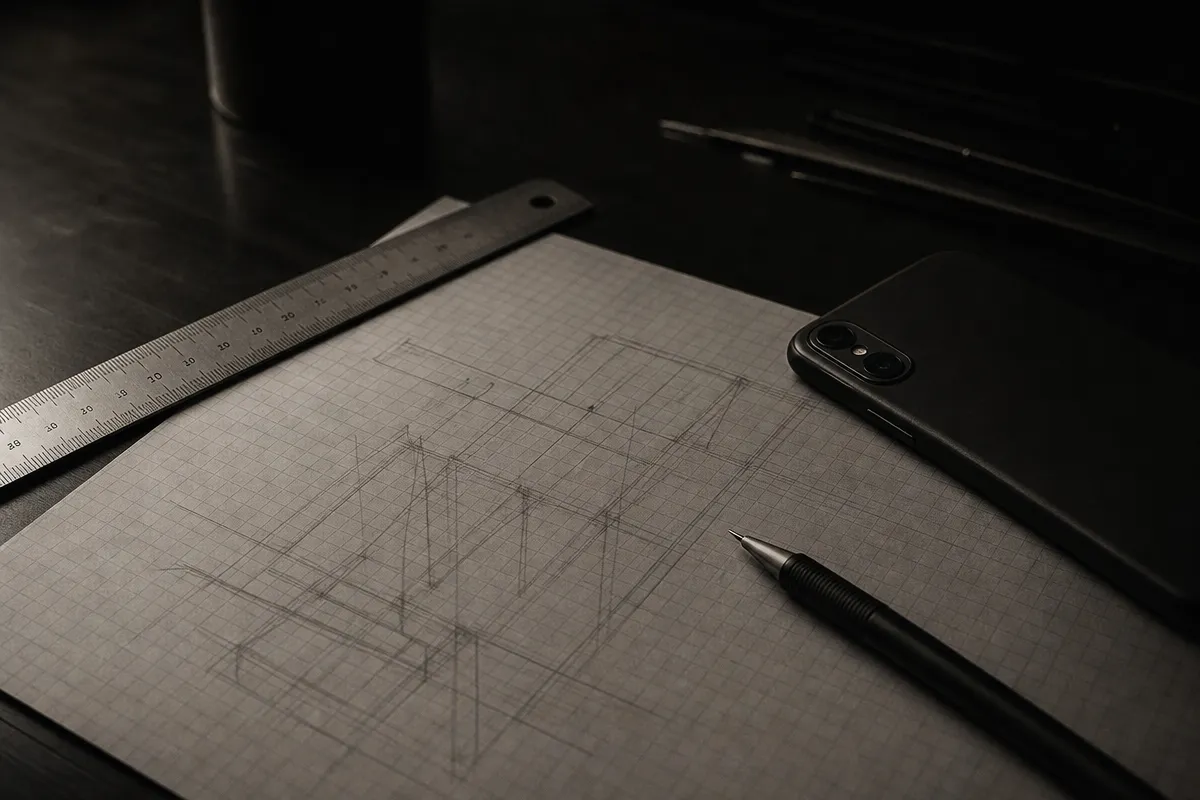 Architectural close-up of a desk with grid paper, a ruler and a phone under directional light