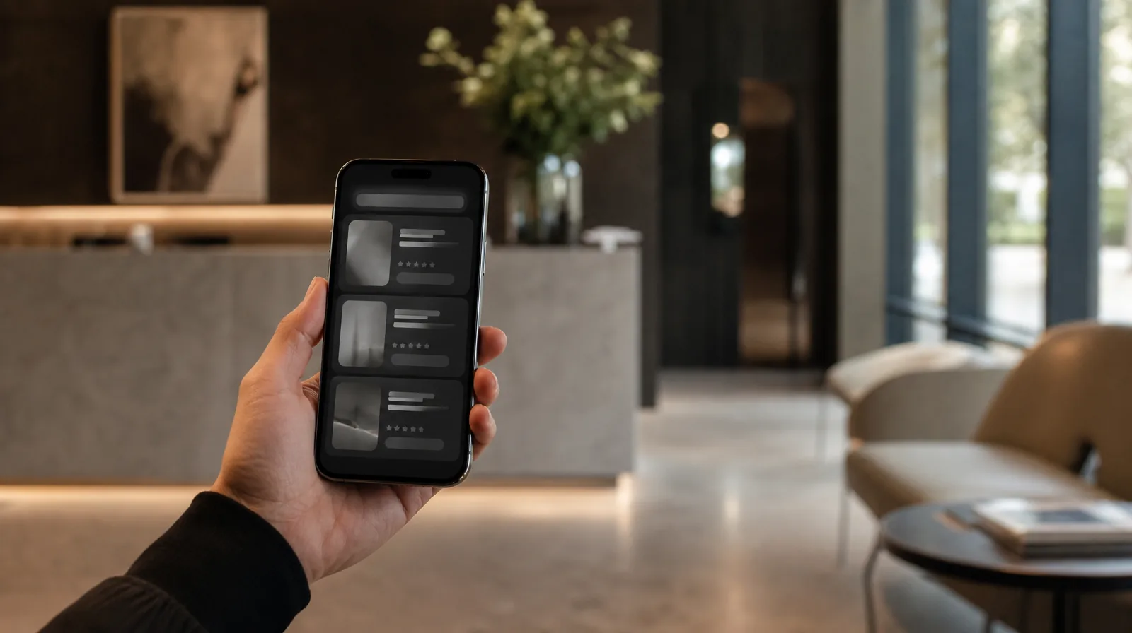 Hand holding a phone showing an aesthetic clinic's Google Business Profile dashboard on a dark desk.