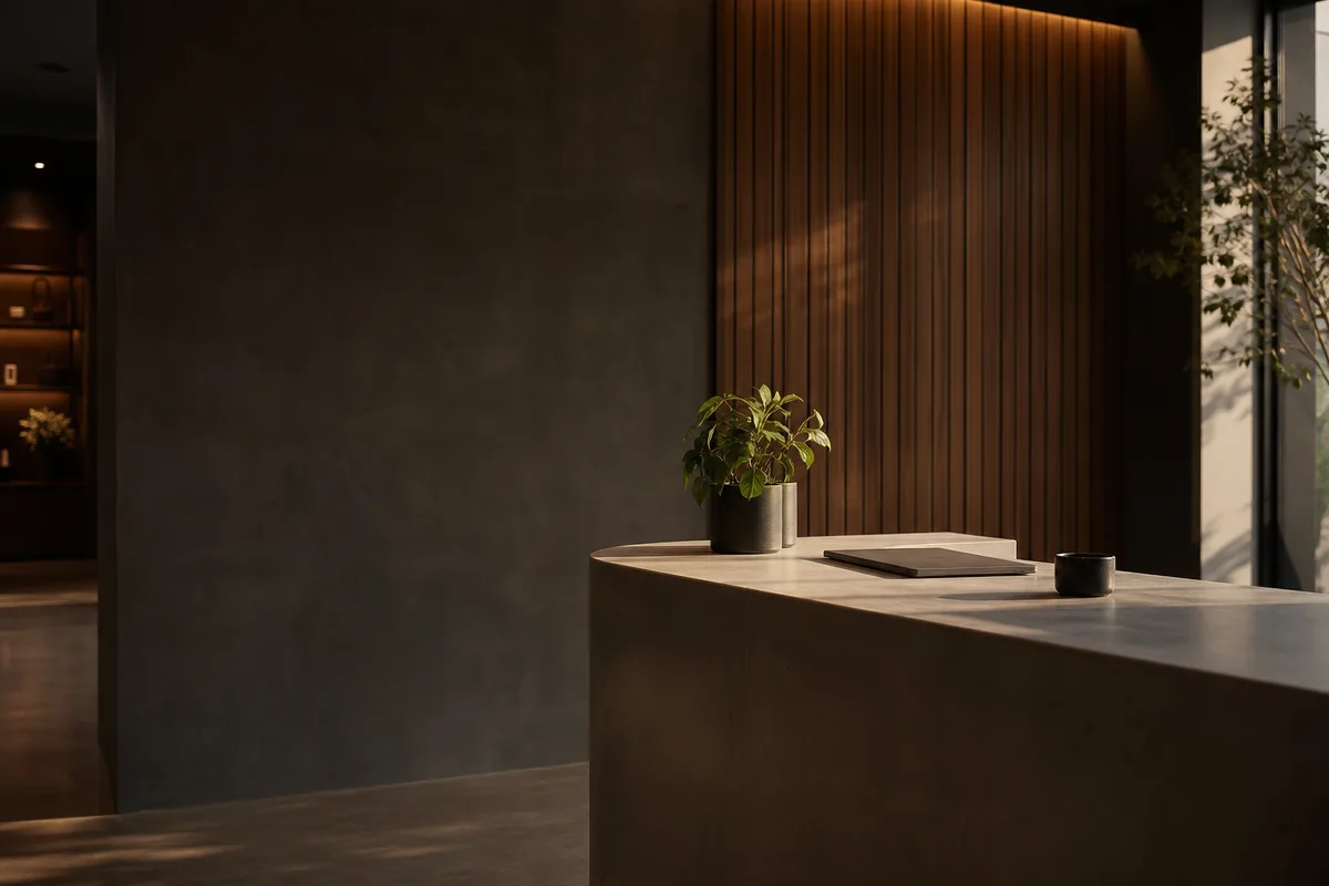 Calm modern aesthetic clinic reception counter at golden hour, with a small green plant, closed laptop and ceramic coffee cup.