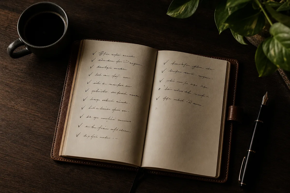 Open leather notebook on a dark walnut desk with handwritten ink ticks down a checklist, fountain pen and dark coffee alongside.