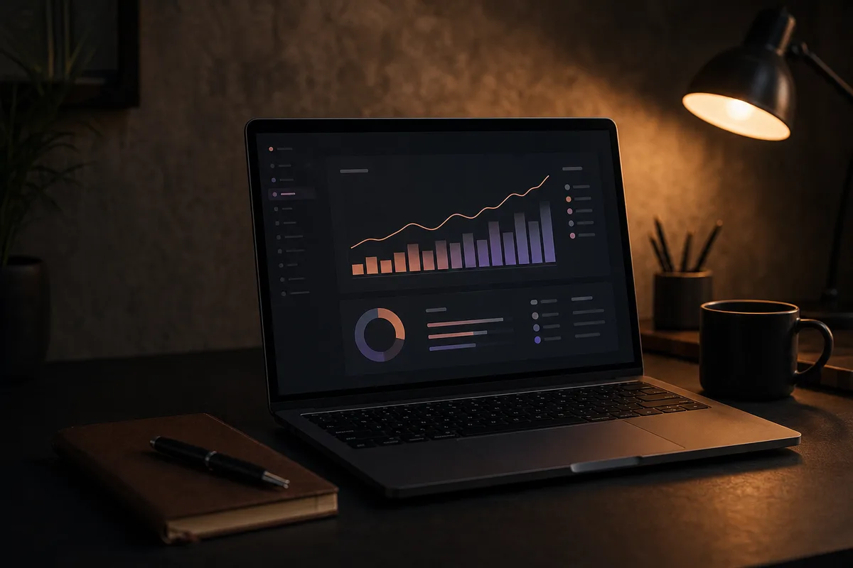 Slim laptop on a charcoal desk showing an abstract upward-trending analytics dashboard under warm desk-lamp light, leather notebook in front.