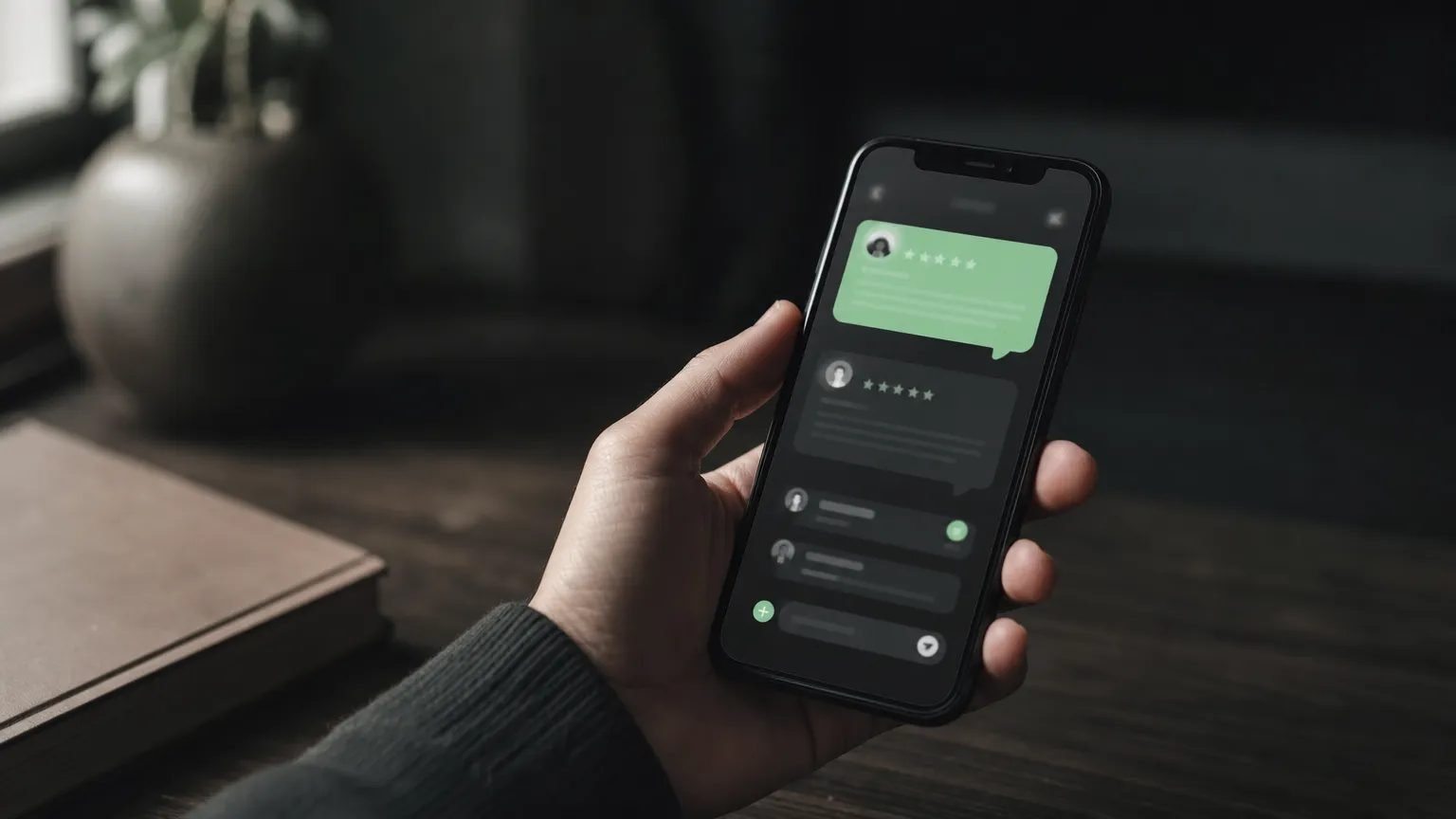 Hand holding a phone showing a clinic review app on a dark desk, the daily reality of google review management