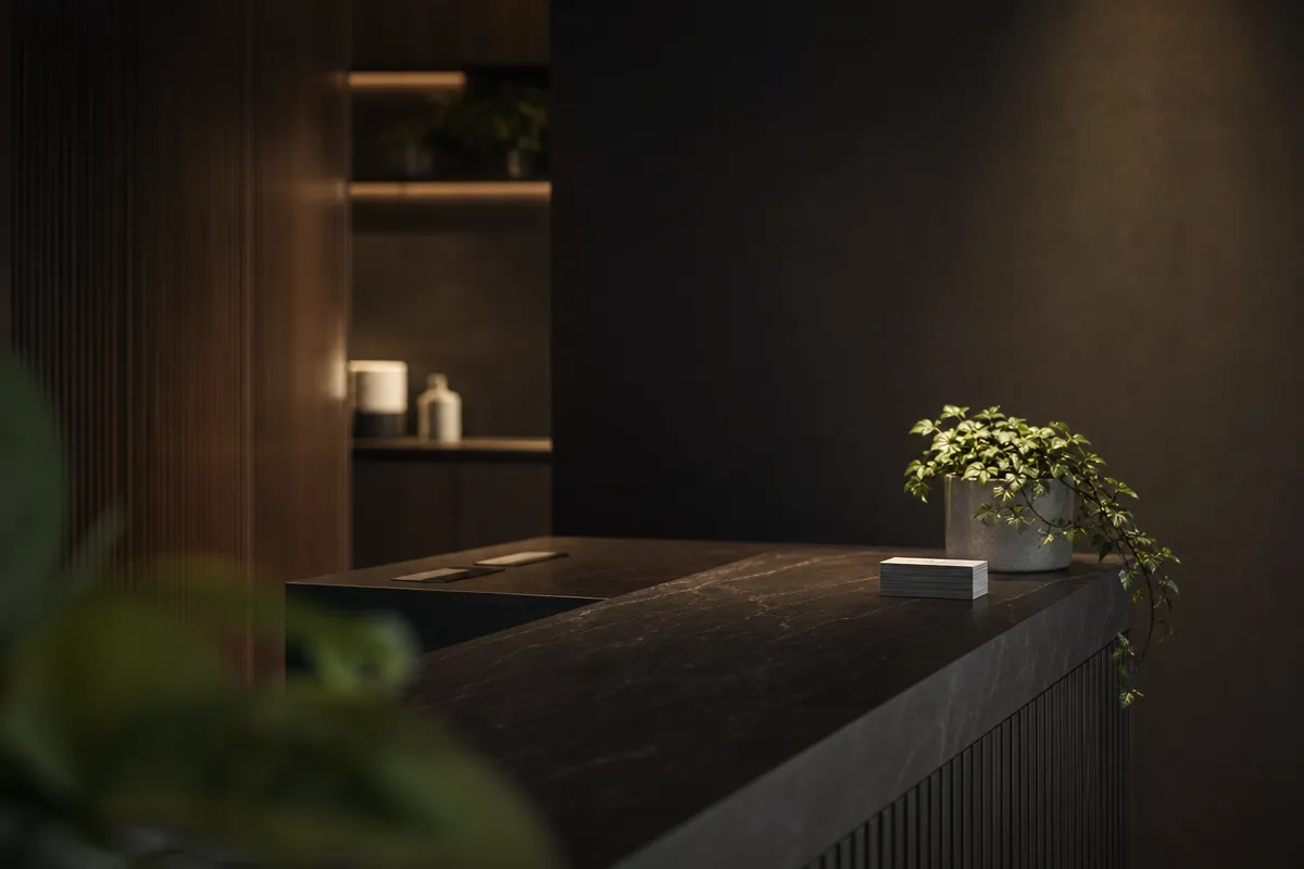 Empty modern clinic reception counter in soft golden-hour light, clean surface, no people