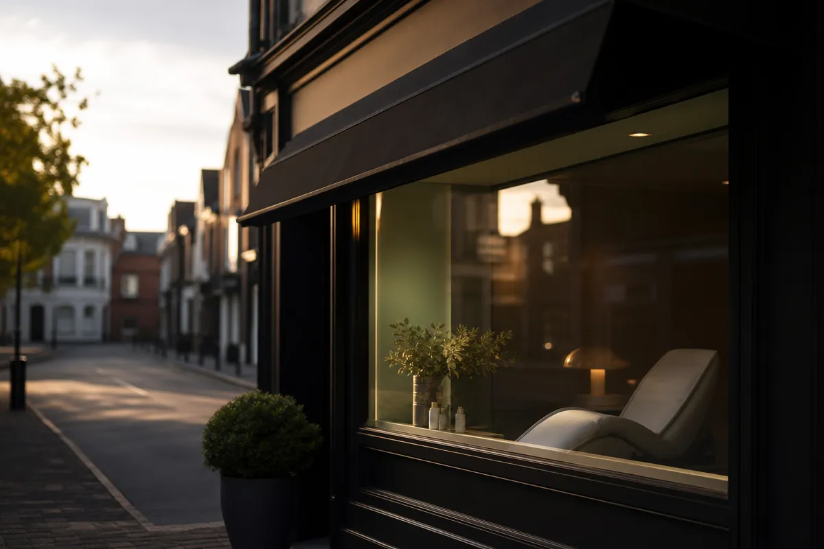 Exterior of a small high-street aesthetic clinic at golden hour with a plain awning and no people