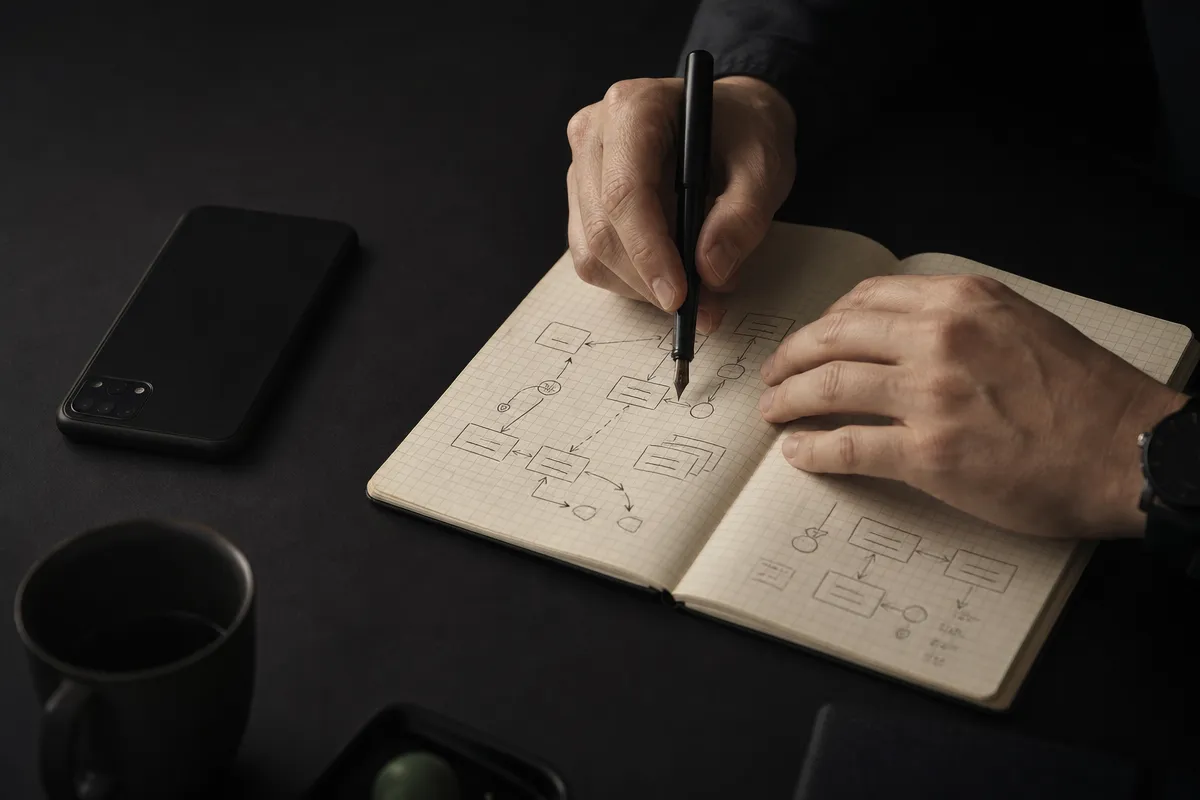 Hands sketching a simple patient-journey flow on grid paper with a pen and phone nearby, dark moody desk