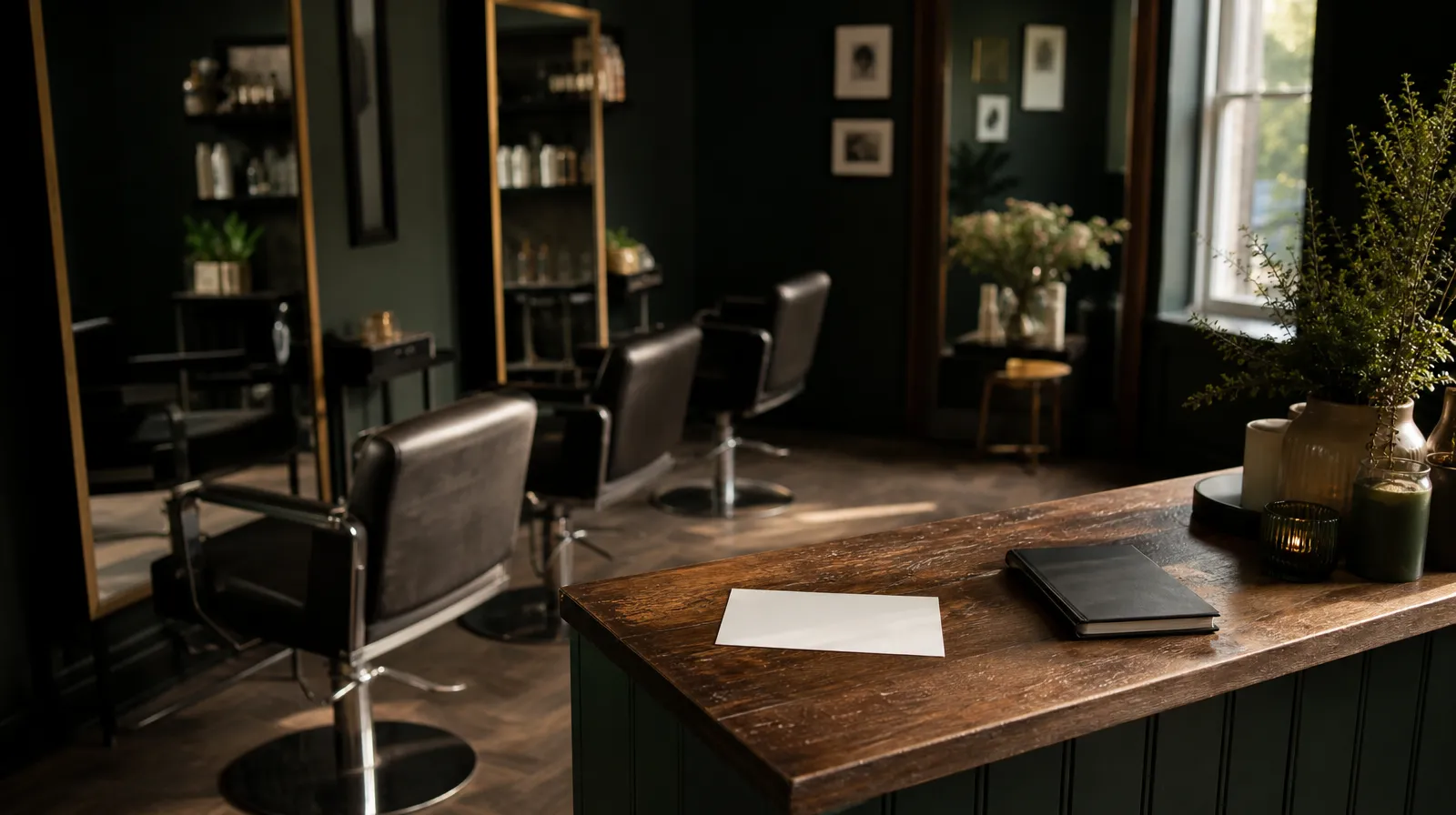 Quiet independent salon on a weekday afternoon, empty styling chairs and a reception desk with a printed voucher