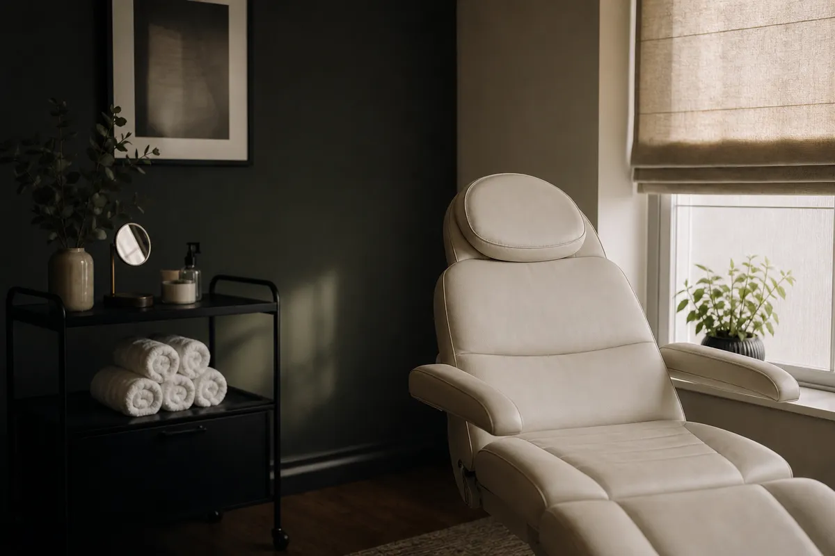 Empty treatment chair and side trolley in a calm clinic room lit by soft window light