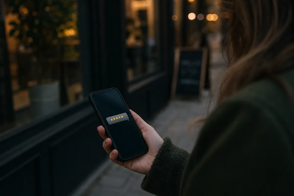 Client's hand holding a phone with a short review request text message, outside a salon at dusk