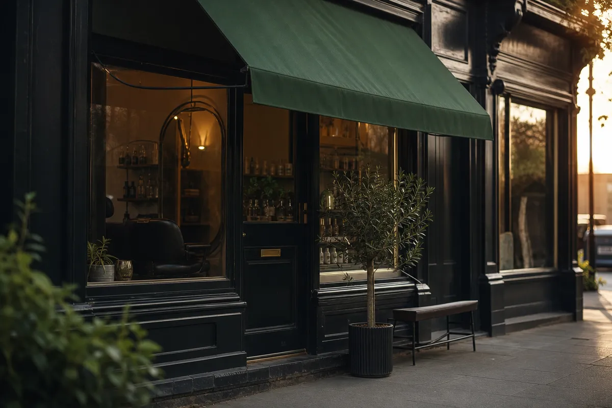Small high-street beauty salon shopfront at golden hour with a quiet pavement outside
