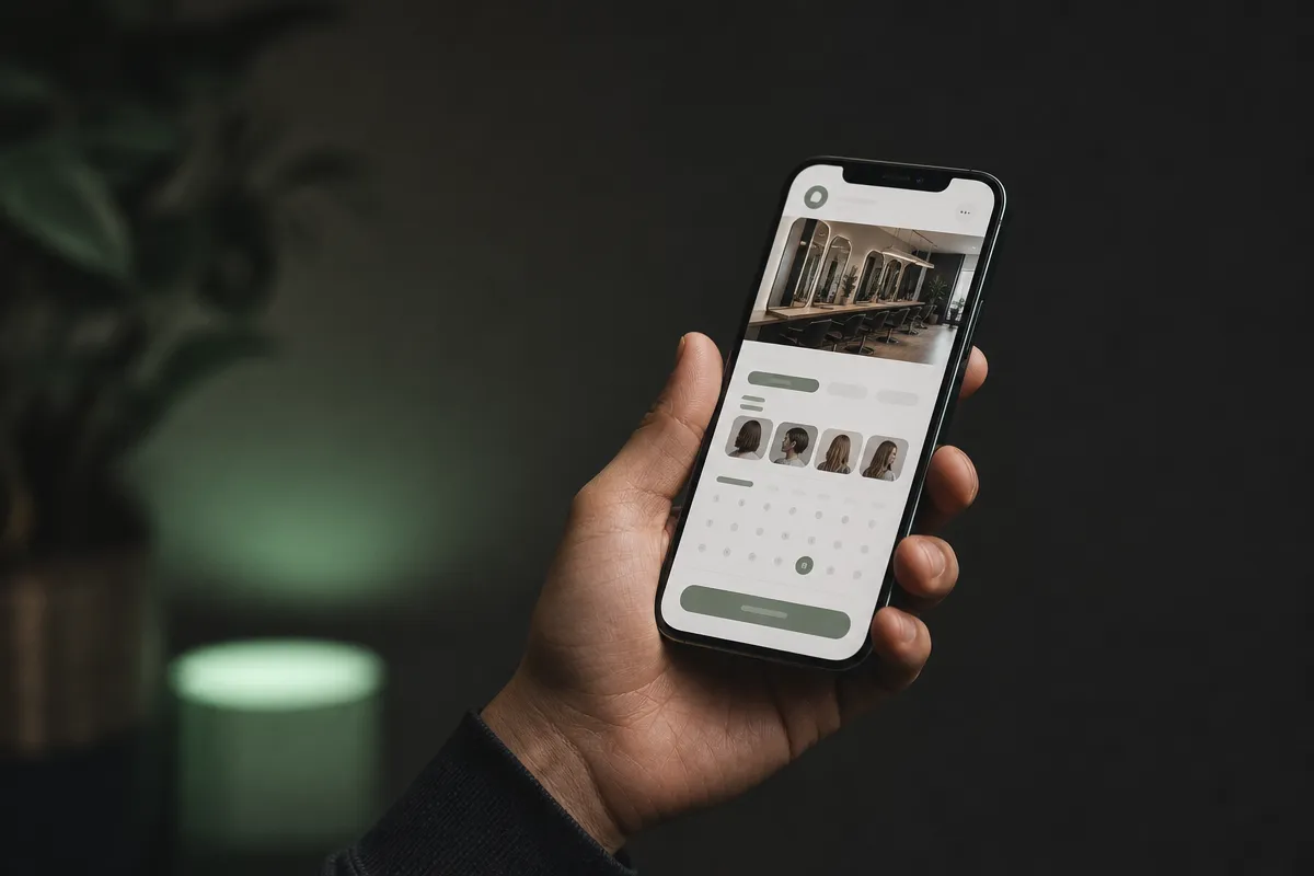Hand holding a phone showing a salon booking screen, dark background, soft light