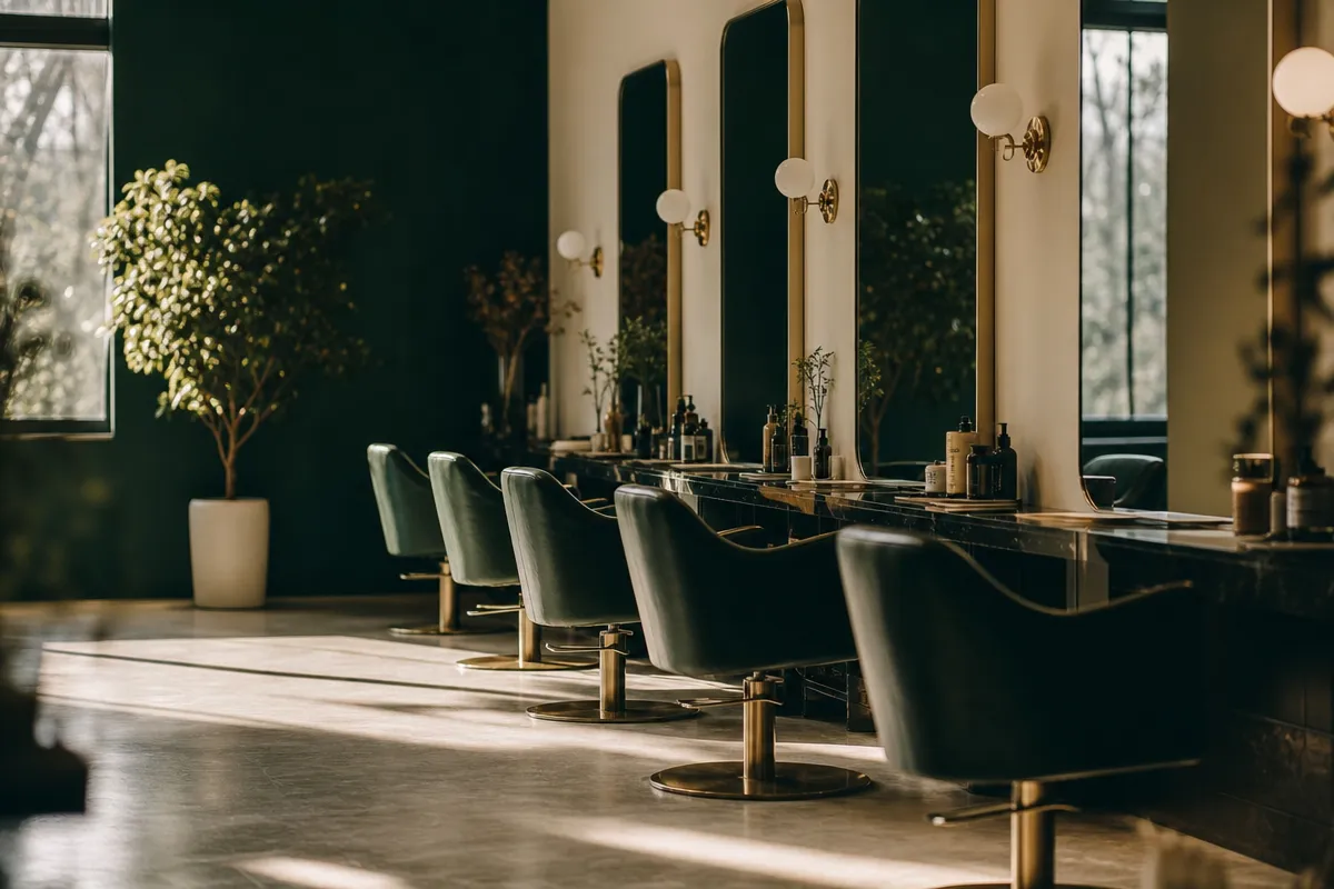 Empty modern salon chair area in golden hour light, no people