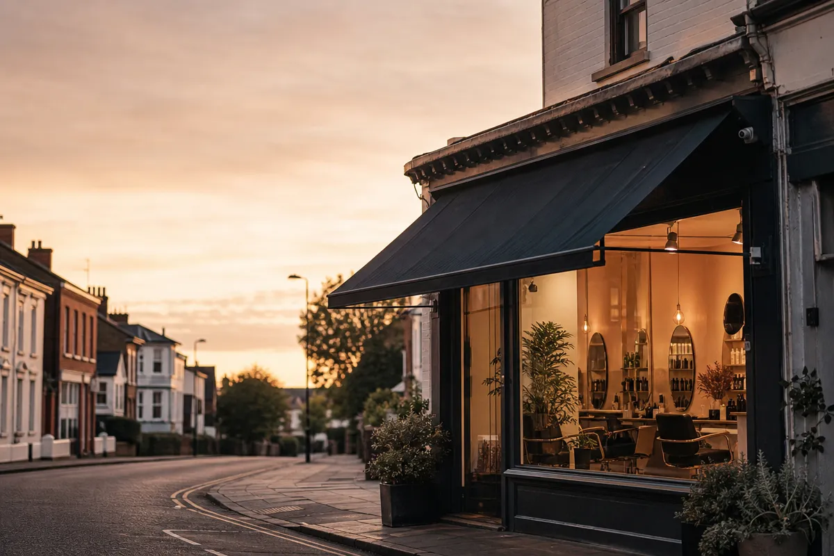 Small high-street salon exterior at golden hour, no readable signage