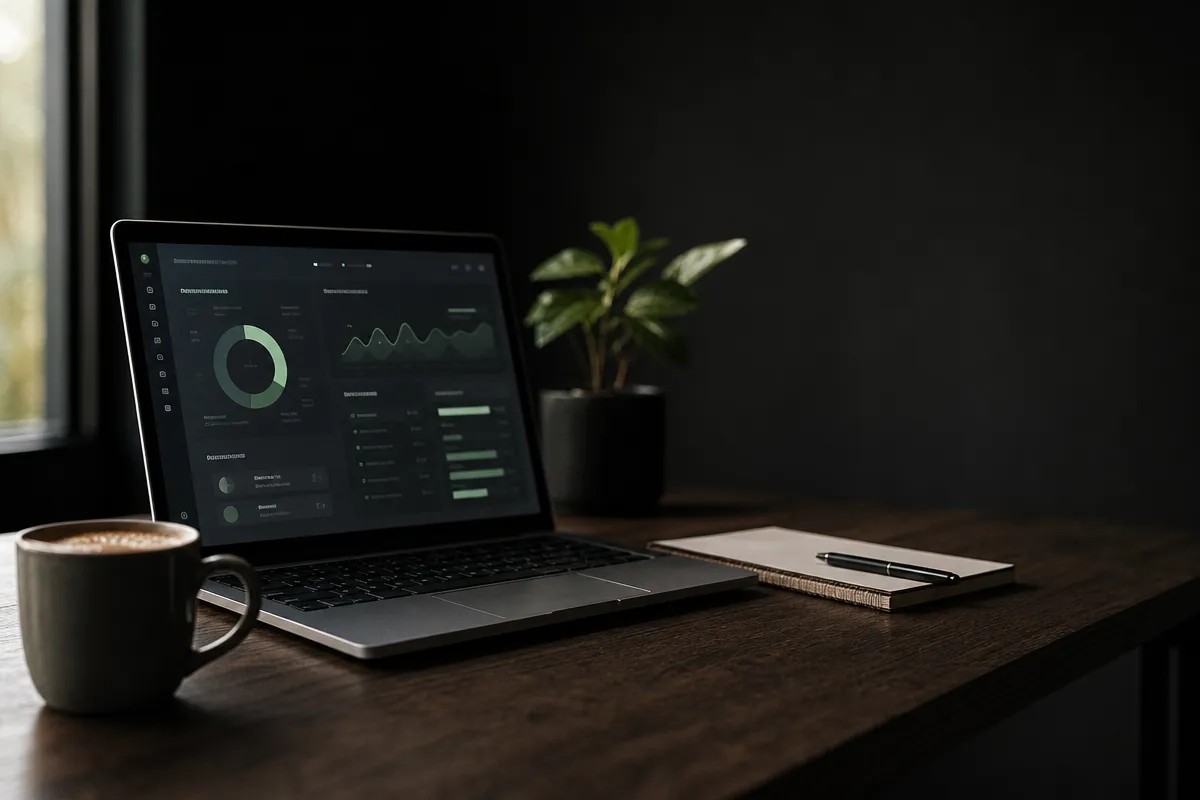 Desk scene with a laptop showing an abstract dashboard, notebook and coffee