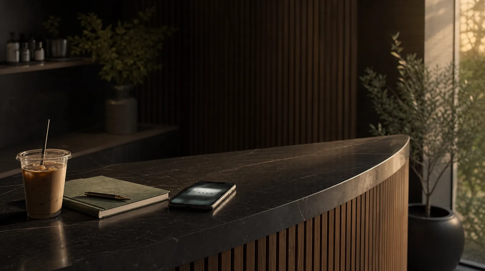Clinic reception counter at dusk with a phone showing a review notification, the quiet moment behind more Google reviews