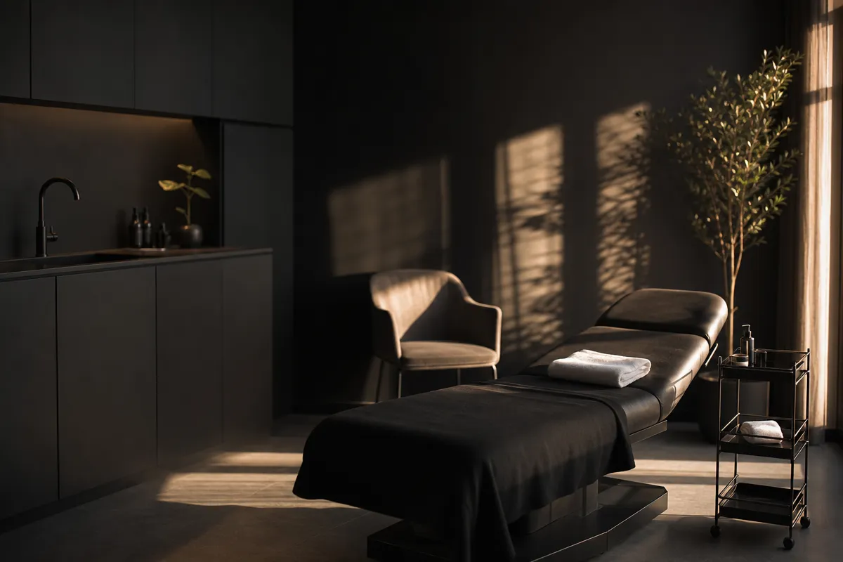 Empty modern clinic treatment room at golden hour with a folded towel on the couch and warm light across the floor