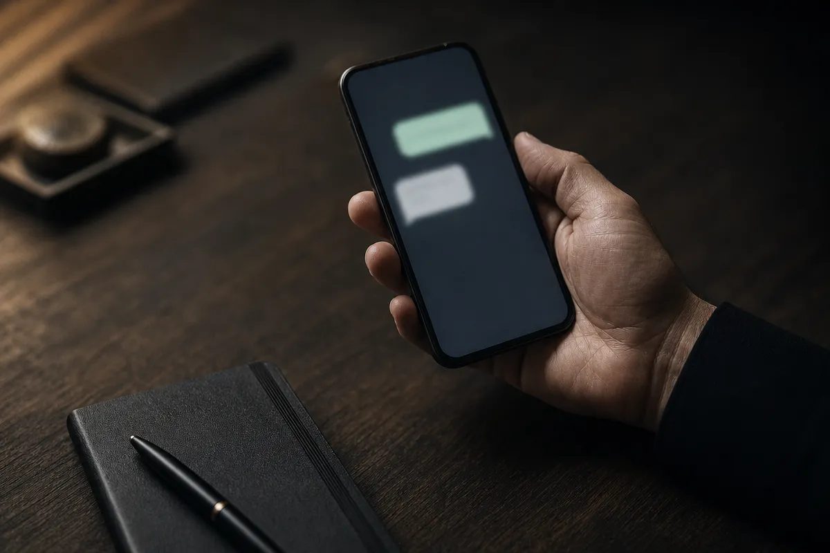 Hand holding a phone at a dark desk showing a soft-focus messaging screen with two chat bubbles, notebook alongside