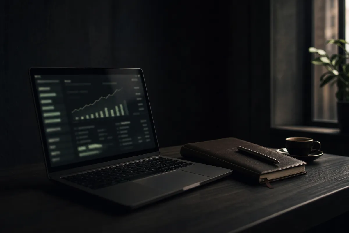 Laptop on a dark desk showing an out-of-focus performance dashboard, next to a leather notebook and espresso cup